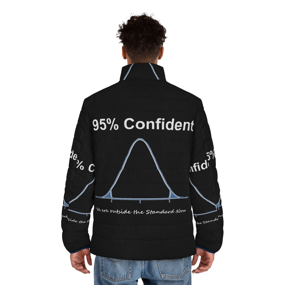 A stylish puffer jacket with a '95% Confident' graphic, perfect for data scientists, math nerds, and tech-savvy individuals. - men back