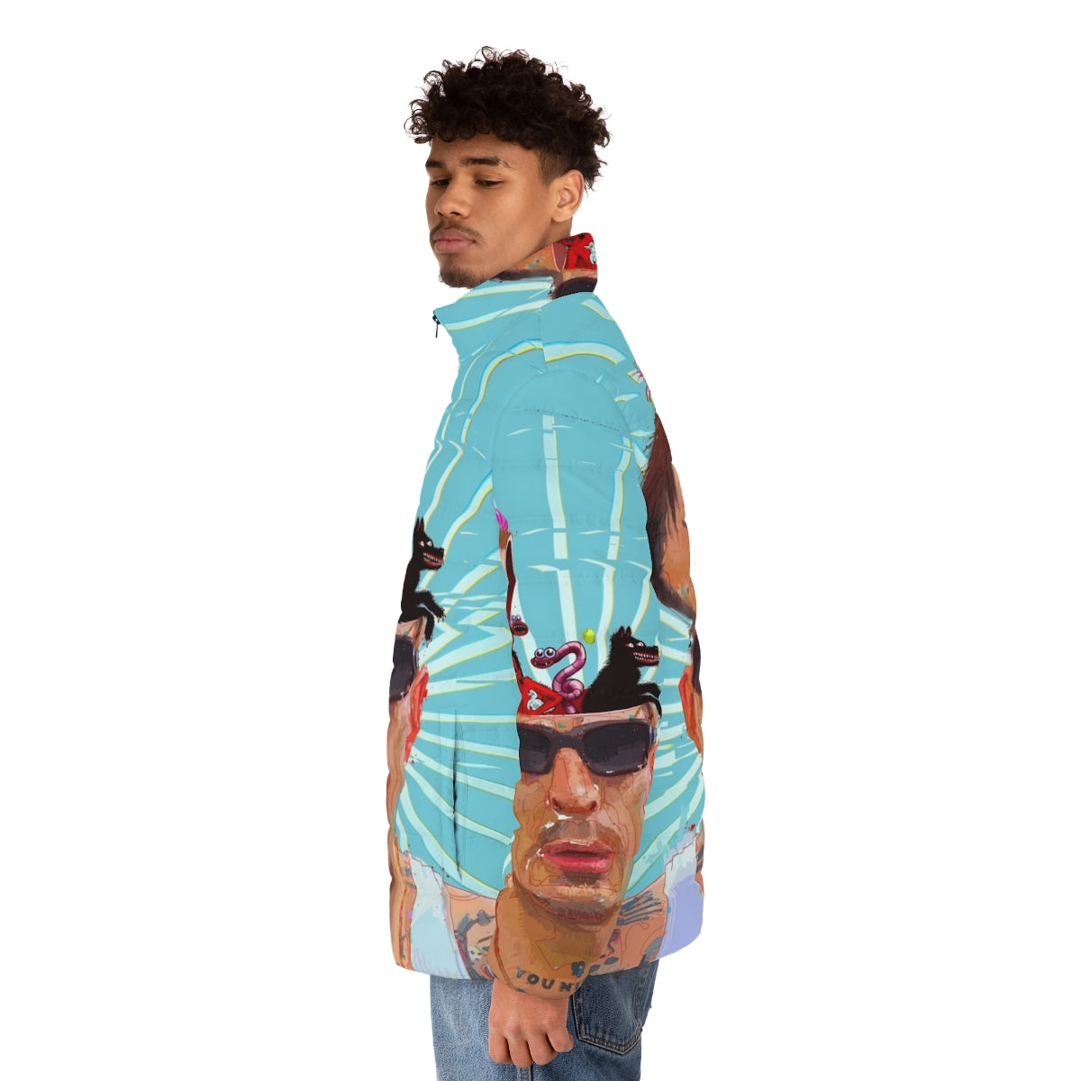 Puffer jacket featuring Sebastian Murphy art and Viagra Boys branding - men side left