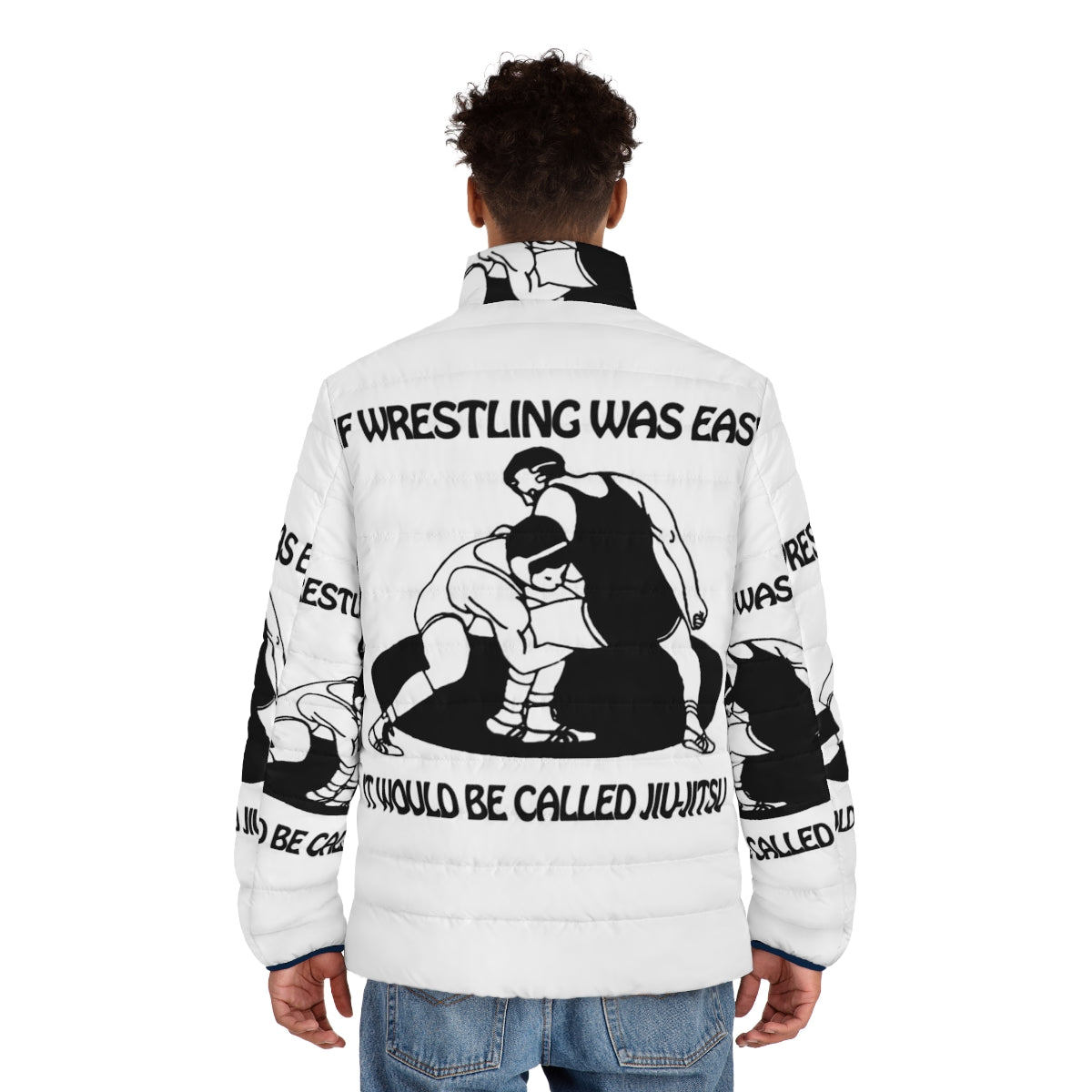 Jiu Jitsu Puffer Jacket with "If Wrestling Was Easy" Graphic Design - men back