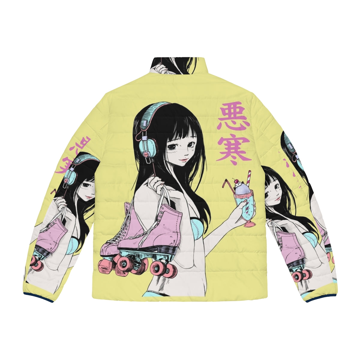 Chill Lofi Summer Girl Puffer Jacket with Vaporwave Aesthetic - Back