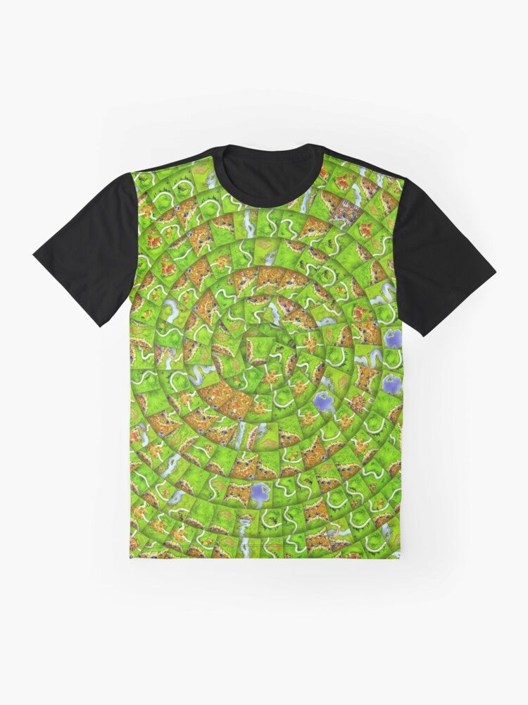 Carcassonne board game themed swirl graphic t-shirt - Flat lay