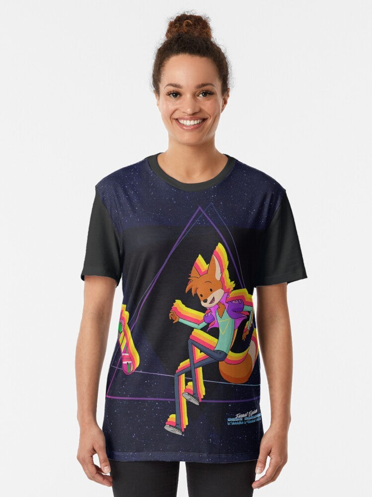 Graphic t-shirt design featuring Marty the fox falling through the air - Women