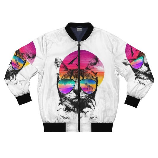 Adorable cat wearing a summer-themed bomber jacket