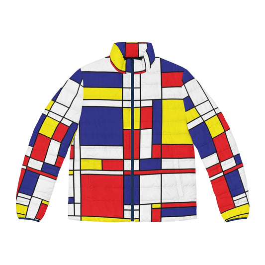 Mondrian-inspired abstract puffer jacket with colorful geometric design