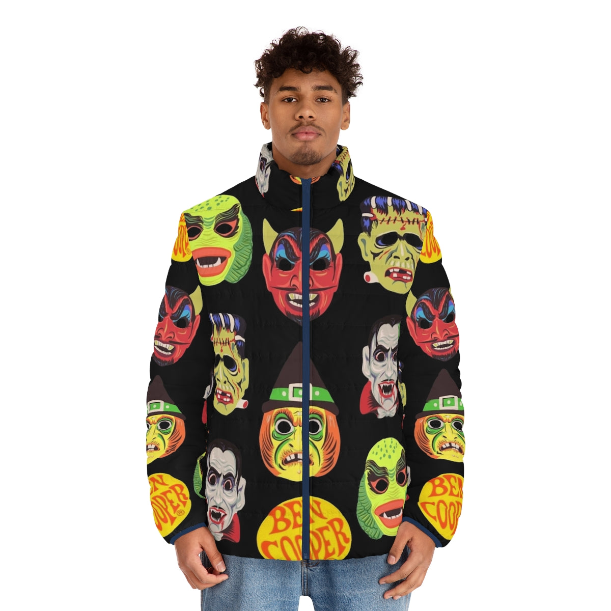 Vintage Halloween Masks Puffer Jacket featuring classic Universal Monsters - men front