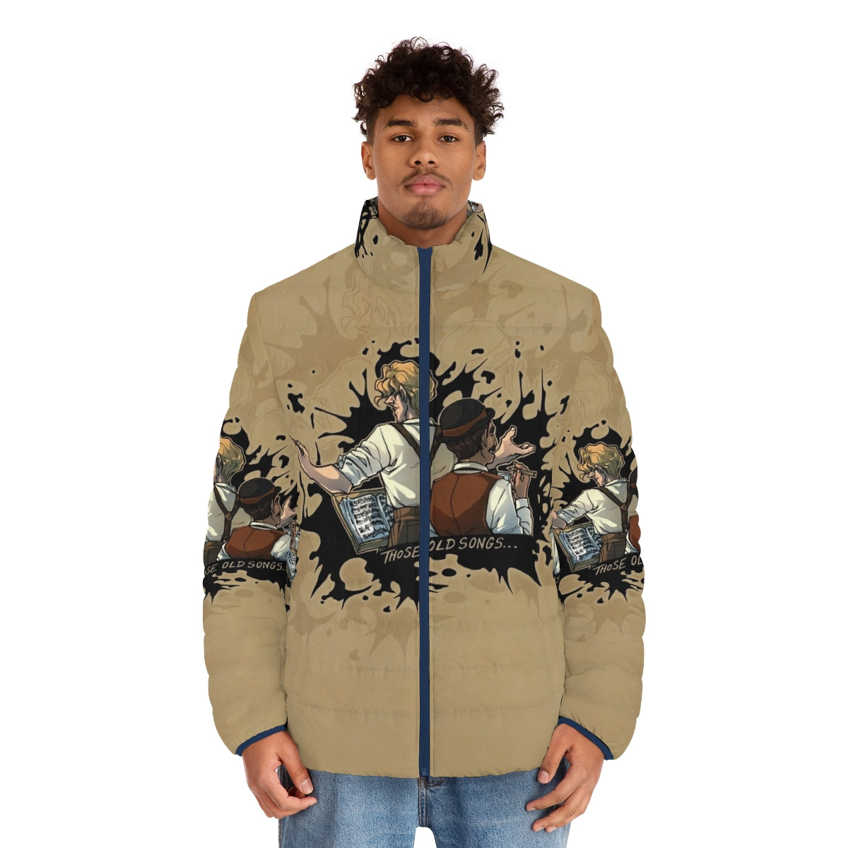 Ink splatter puffer jacket with artistic design - men front