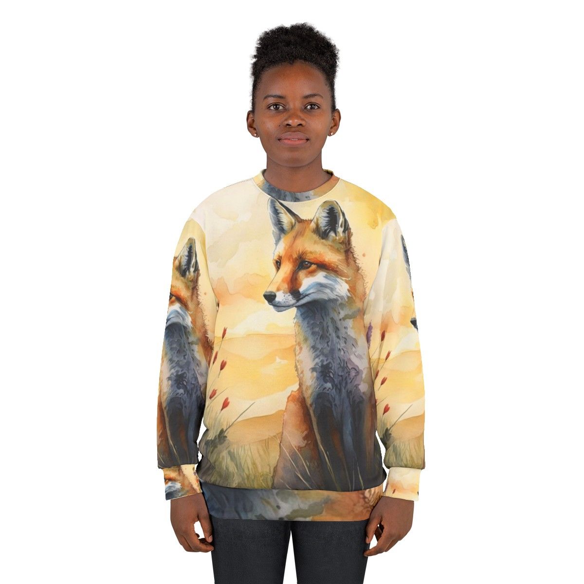 Charming red fox sweatshirt featuring a watercolor illustration of a red fox cub in a spring woodland setting - women