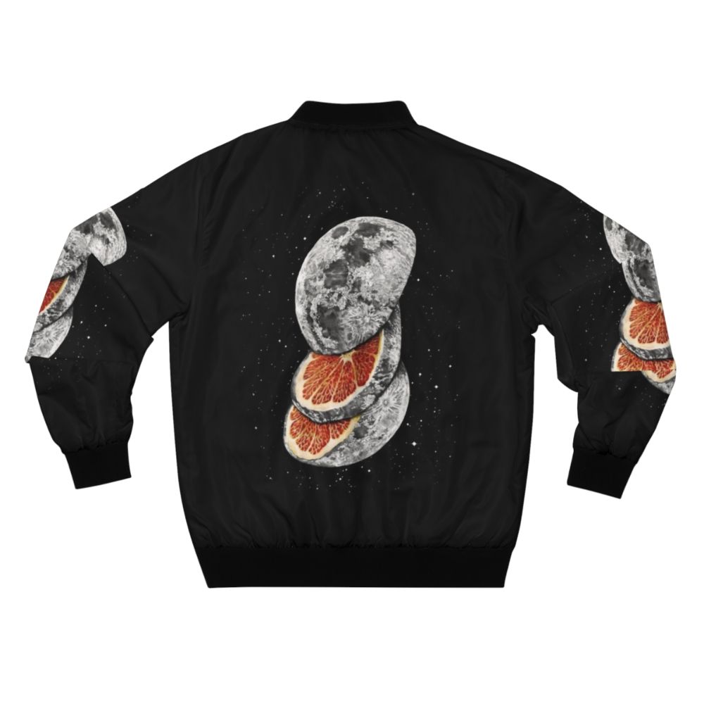 A unique bomber jacket featuring a surreal print of a moon and space-themed fruit design - Back