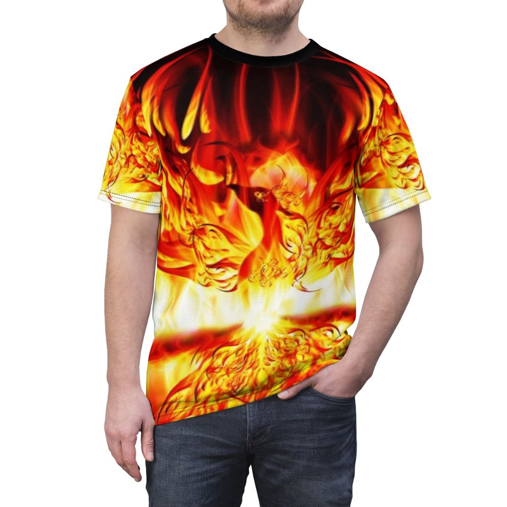 Custom t-shirt featuring a mythical phoenix design with flames and nature elements - men front