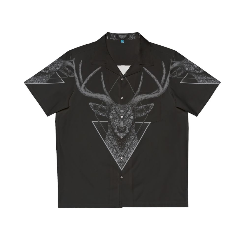 Dark deer with geometric patterns on a Hawaiian-style shirt