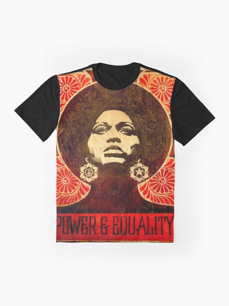 Vintage-style graphic t-shirt featuring Angela Davis, a prominent leader of the Black Panther Party in 1971, and the powerful "Black Power" fist symbol. - Flat lay