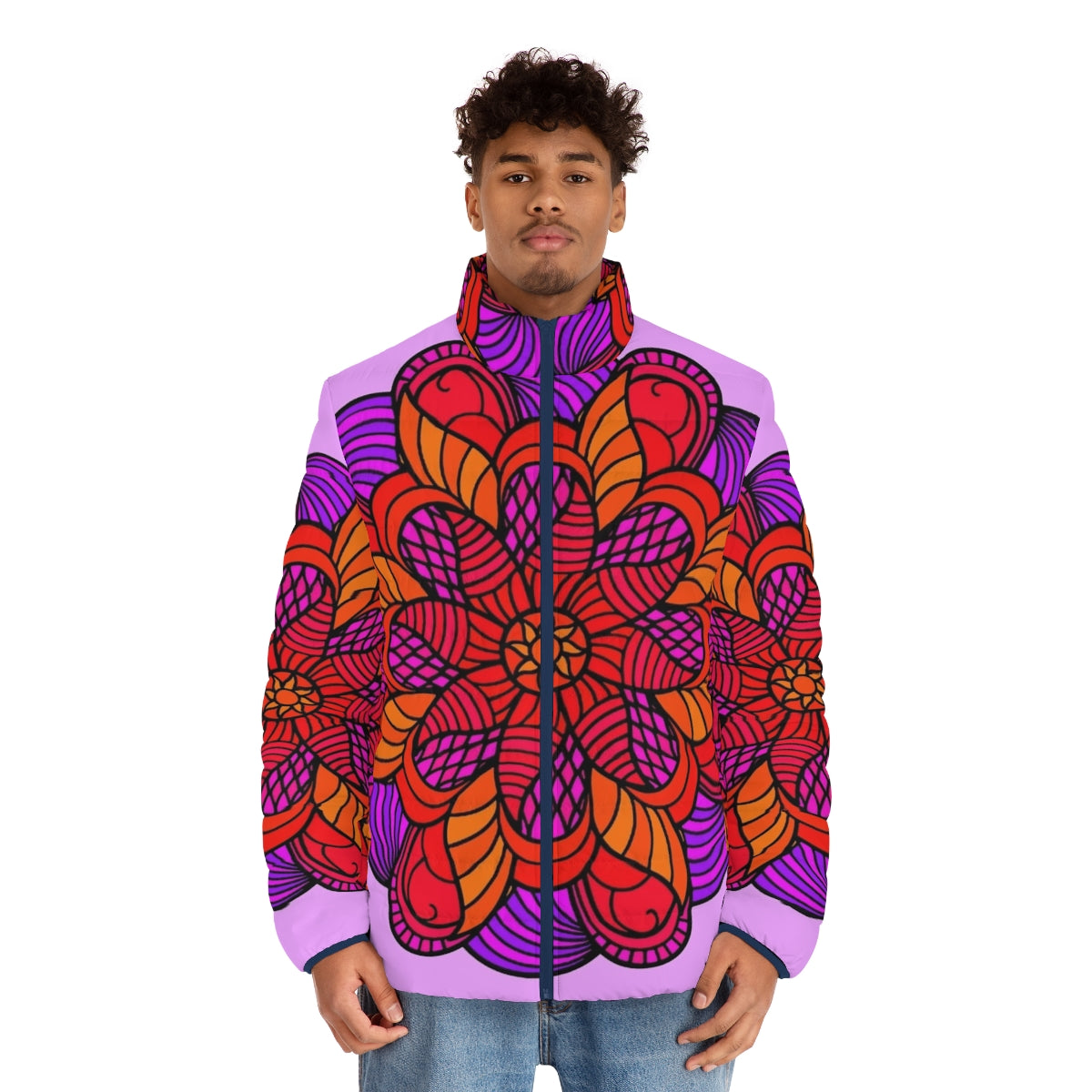 Colorful mandala pattern puffer jacket for women - men front