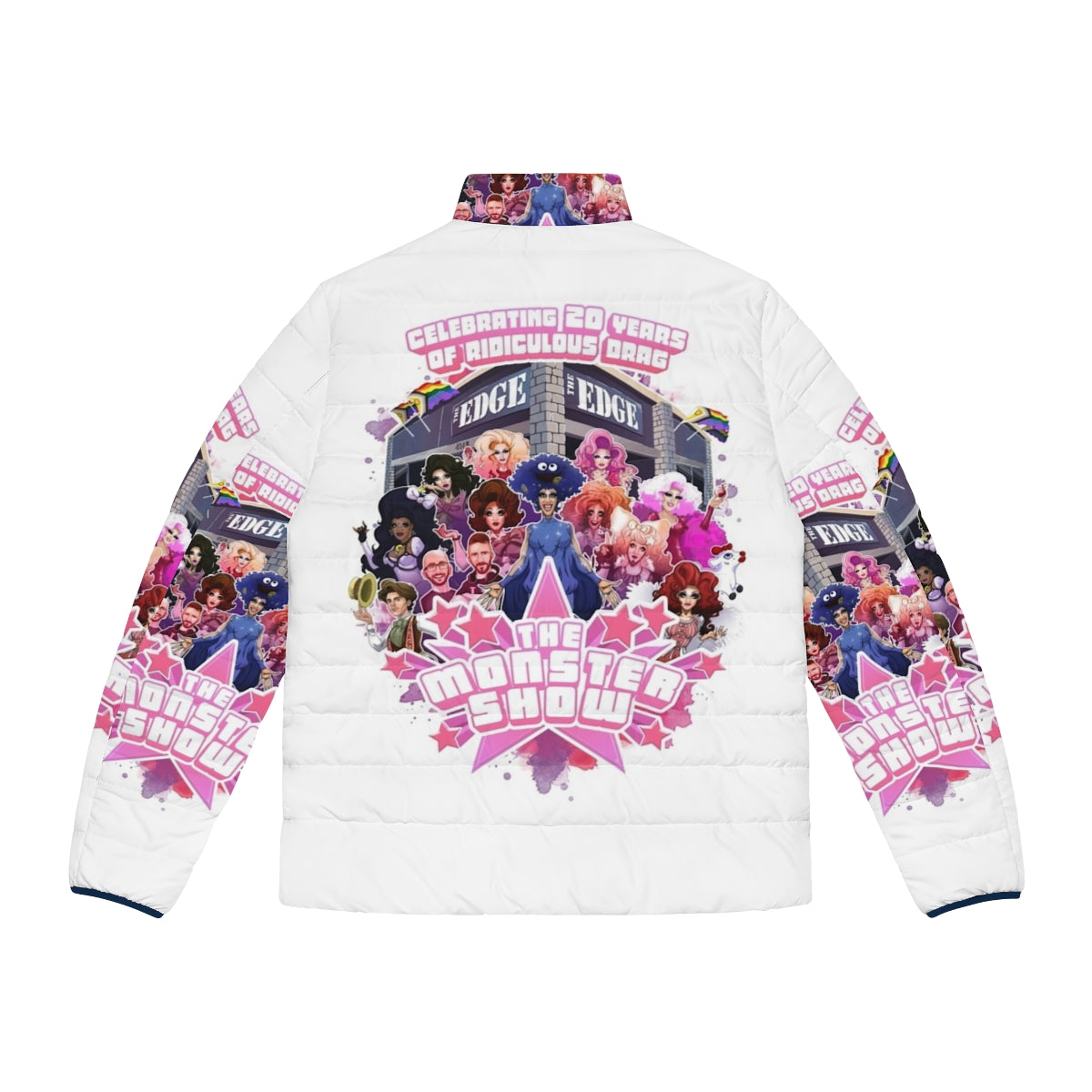 20th Anniversary Puffer Jacket featuring LGBT and drag show themes - Back