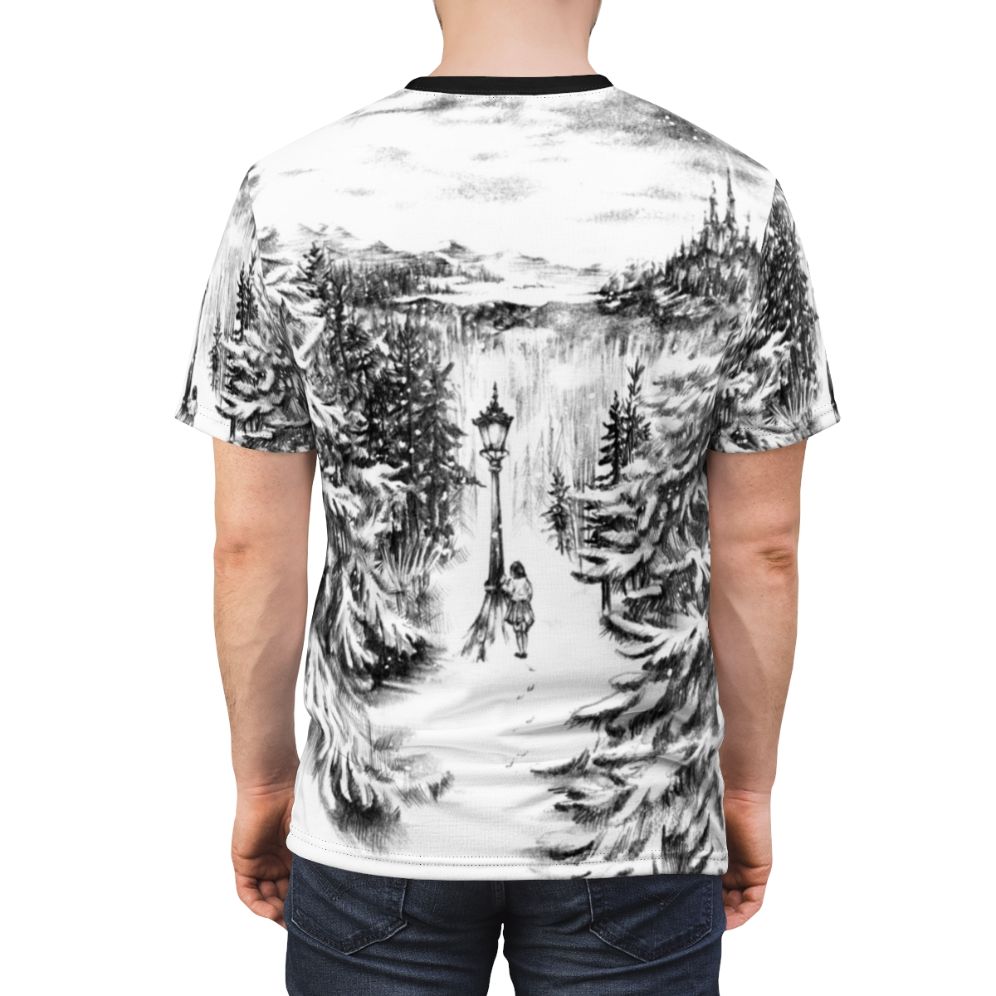 Enchanted Narnia Winter T-Shirt featuring the Pevensie children, the lamppost, and the White Witch's snowy landscape from the classic fantasy novel by CS Lewis. - men back