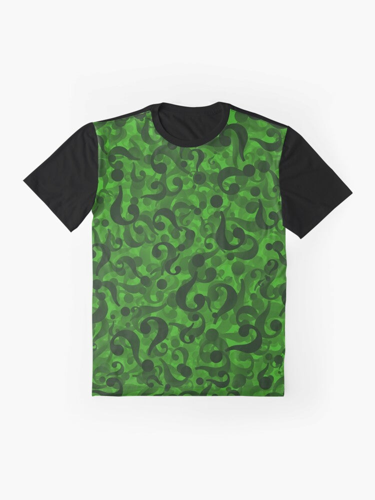 Riddler graphic t-shirt featuring the iconic question mark symbol and green texture - Flat lay