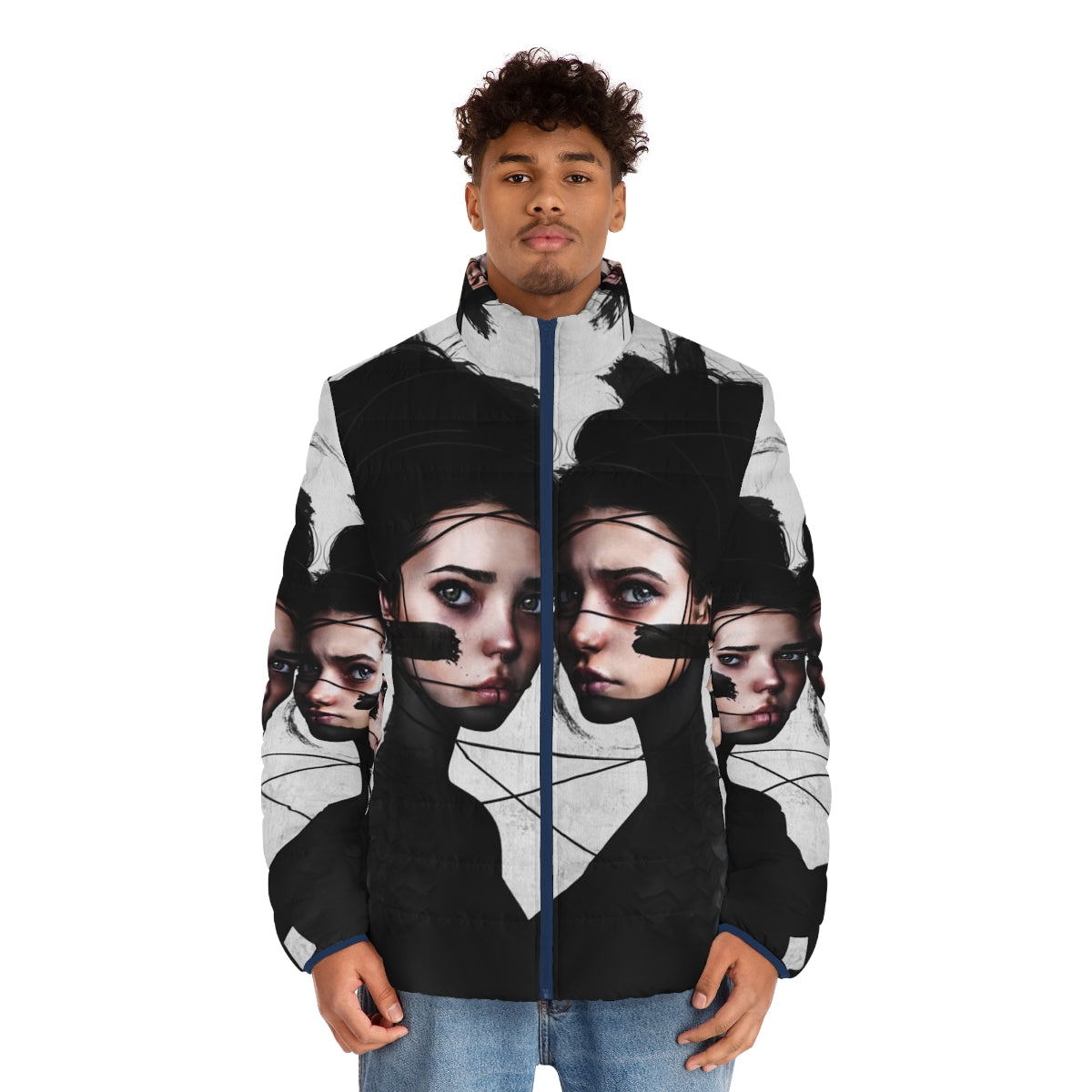 Gemini puffer jacket with portrait, realism, and pop surrealism design - men front