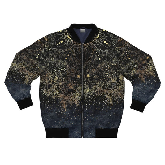 Blue and gold mandala floral pattern on a bomber jacket