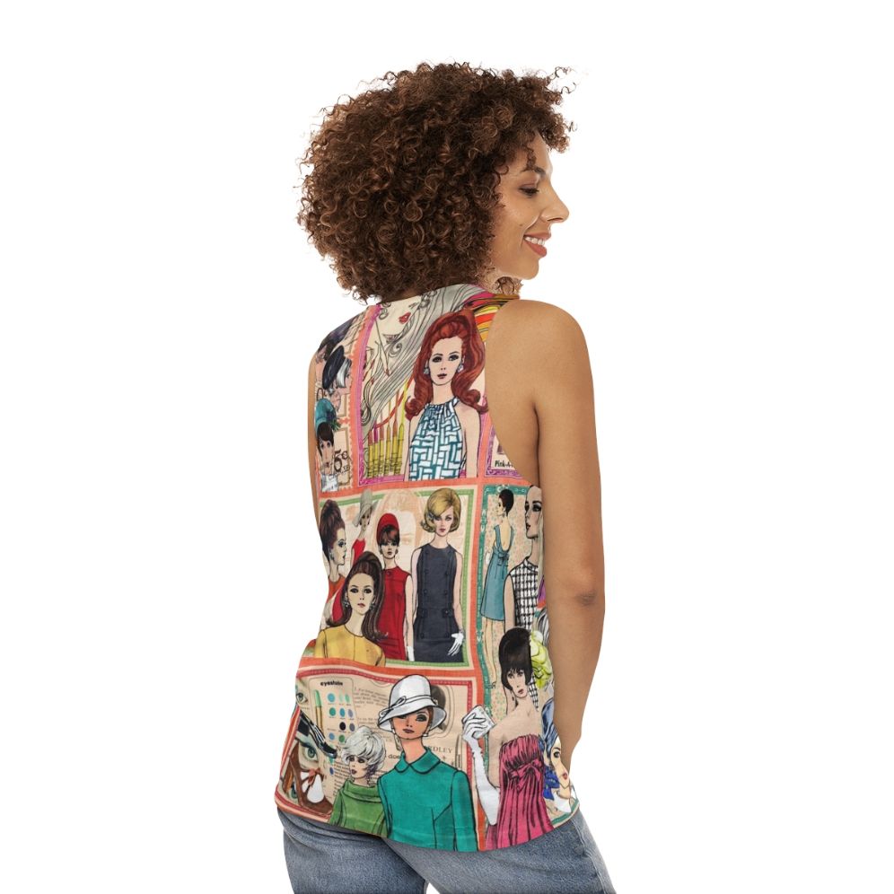 Retro 1960s fashion unisex tank top with collage design - women back