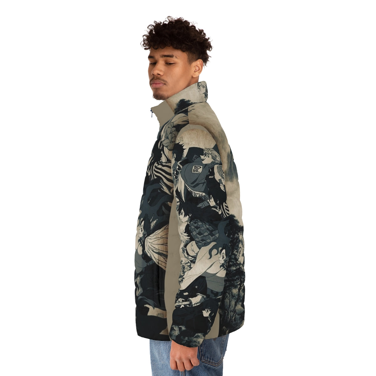 Demon Slayer inspired anime puffer jacket with cool aesthetic design - men side left