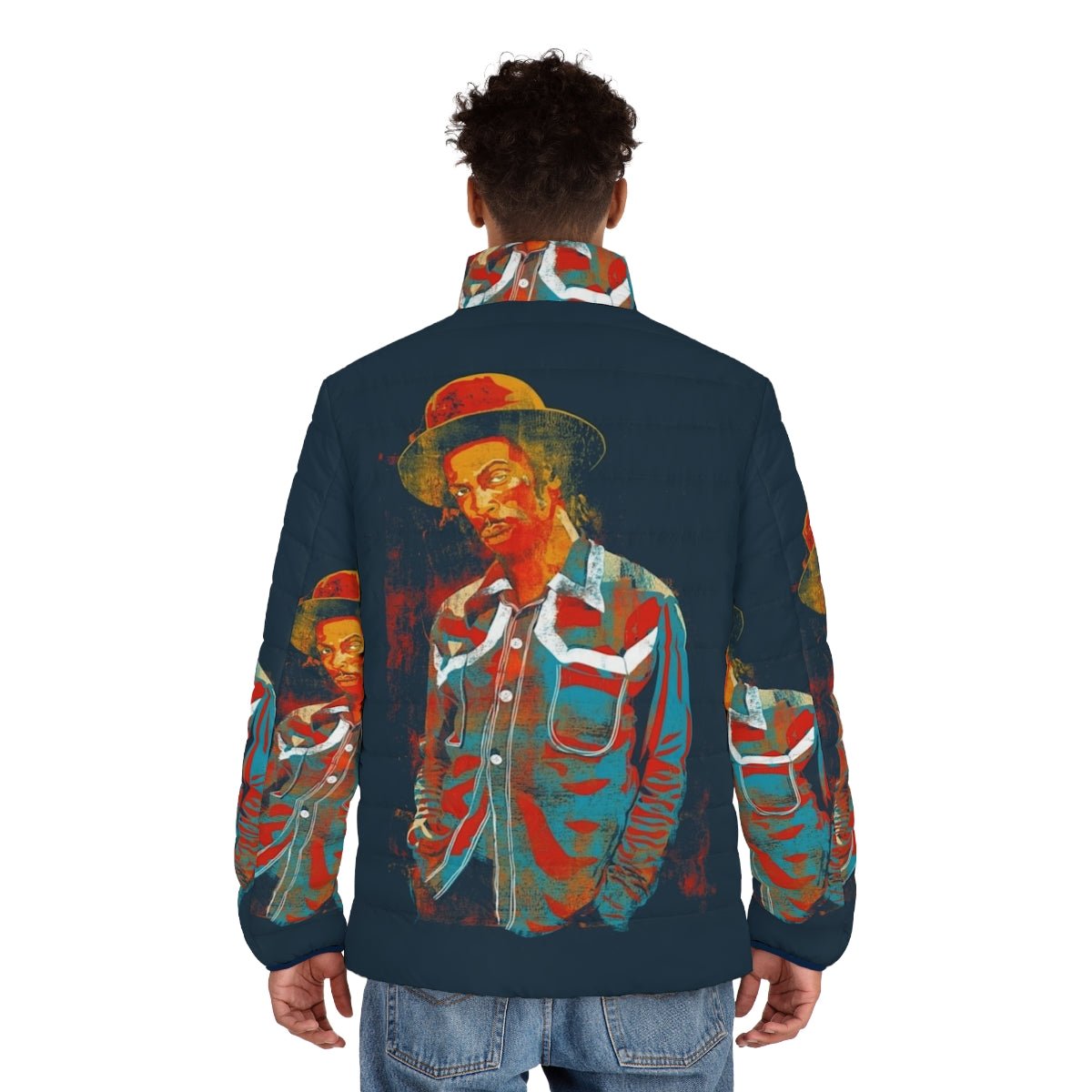 Jambi Puffer Jacket with heavy metal and digital art design - men back