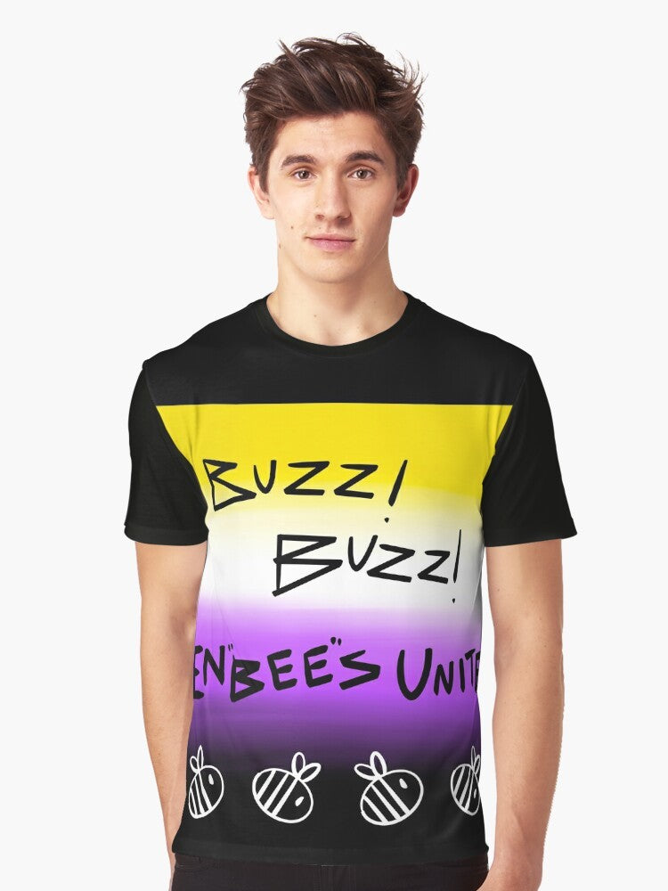 A graphic t-shirt featuring the text "EnBees Unite!" with a rainbow and bees, celebrating transgender and non-binary identities. - Men