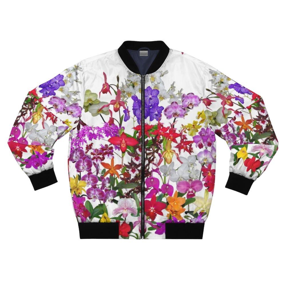 Vibrant bomber jacket featuring a digital photography design of colorful orchid flowers in various shades of red, pink, yellow, and more.