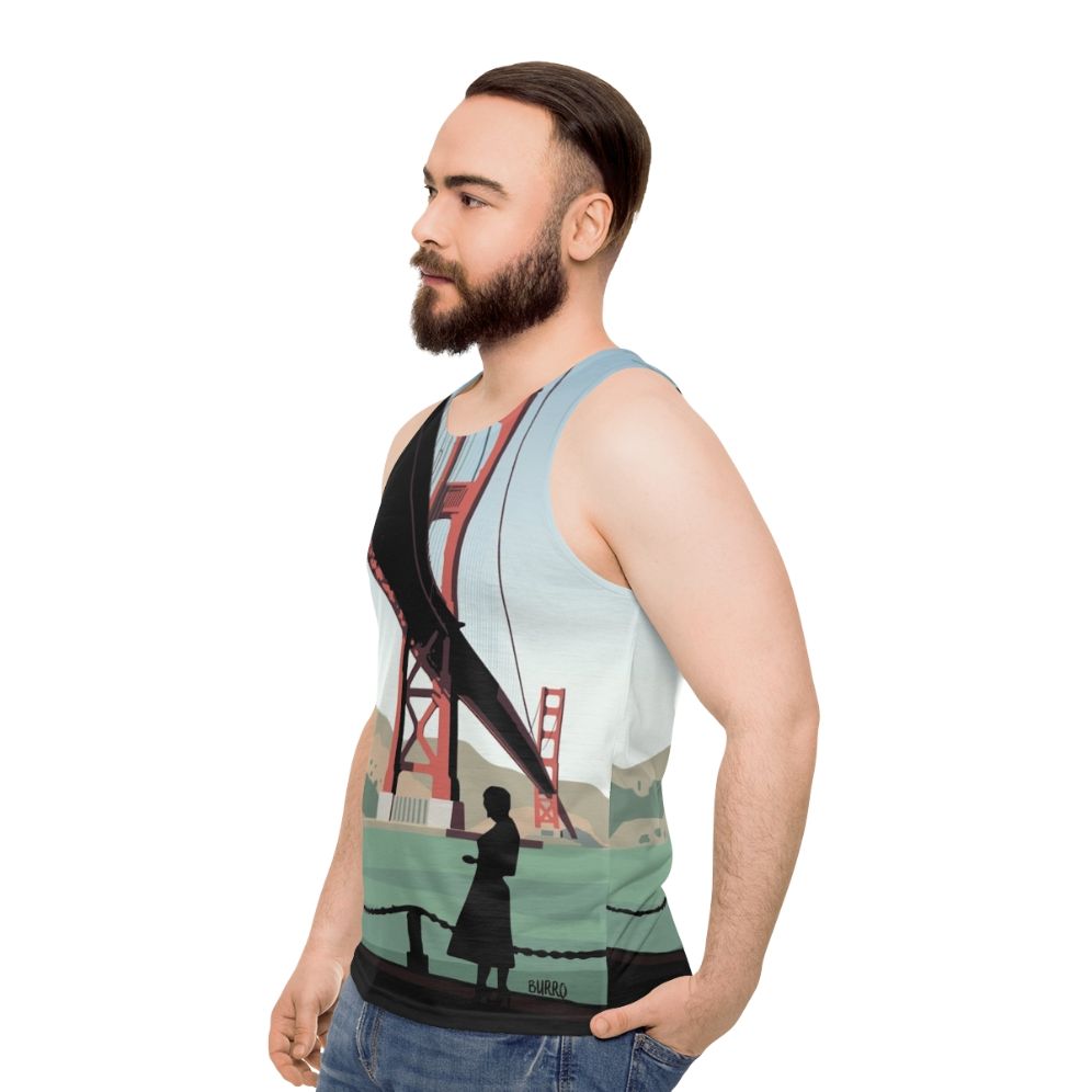 Unisex Vertigo Inspired Tank Top featuring Hitchcock's classic film imagery - men side