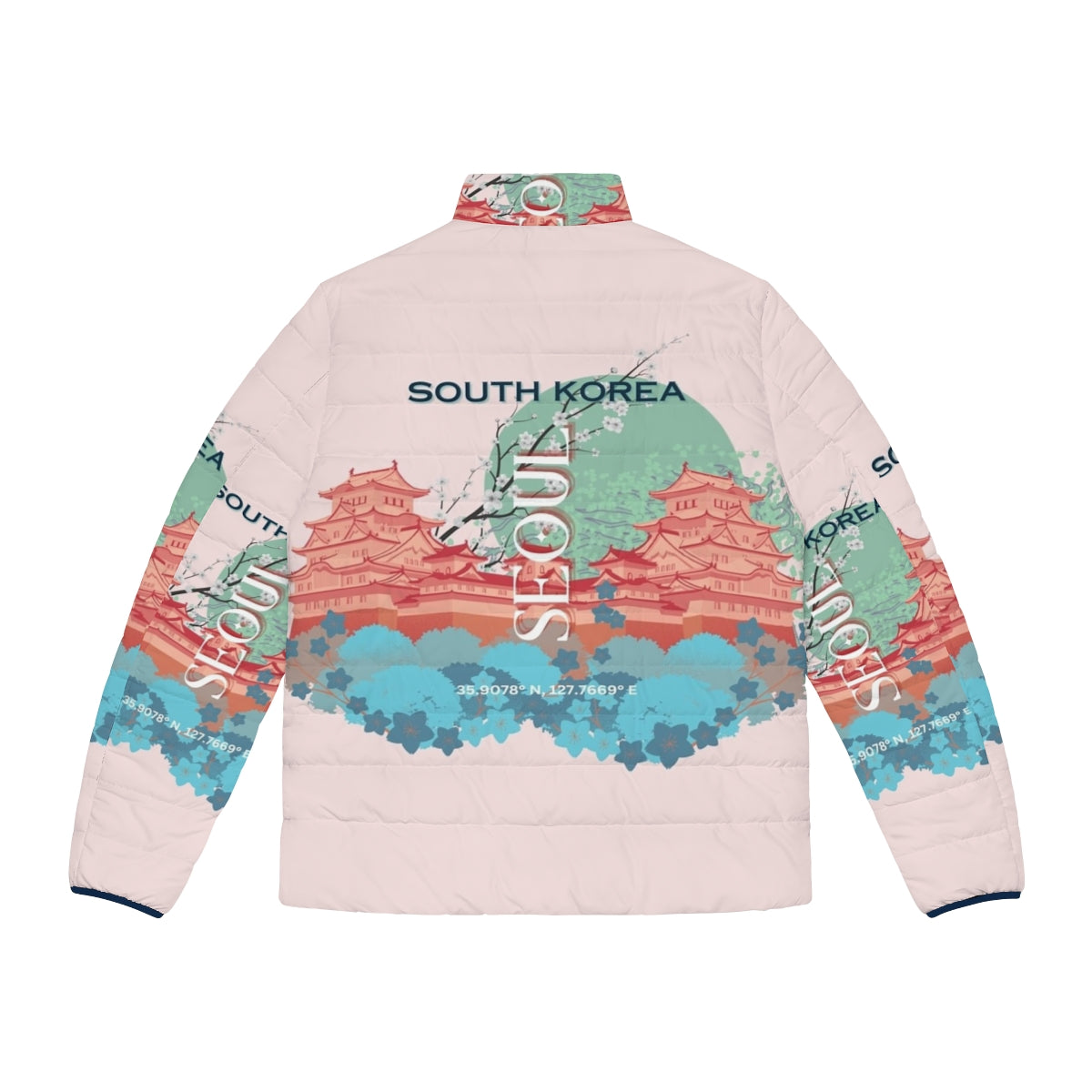 A stylish puffer jacket featuring a travel-inspired art design depicting the cityscape of Seoul, South Korea. - Back