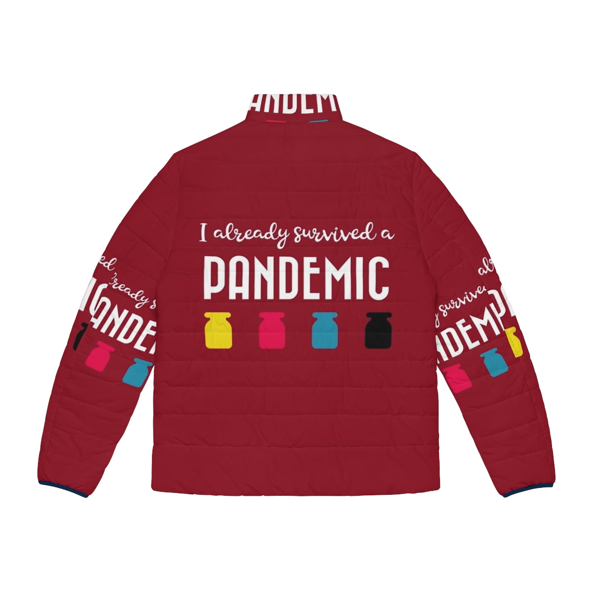 Pandemic Survivor Puffer Jacket with Funny Pandemic-Themed Graphics - Back