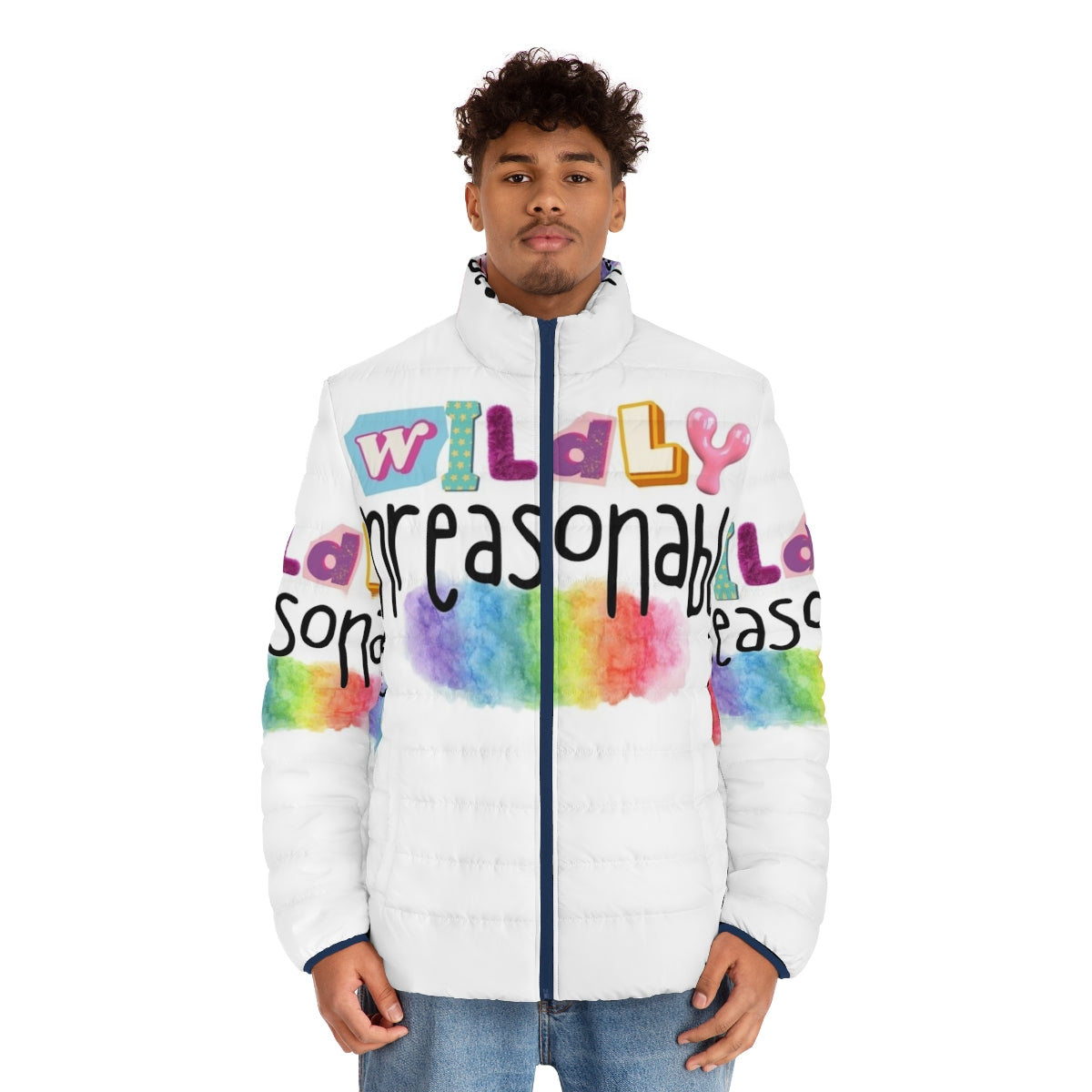 Colorful puffer jacket with LGBTQ+ pride design - men front