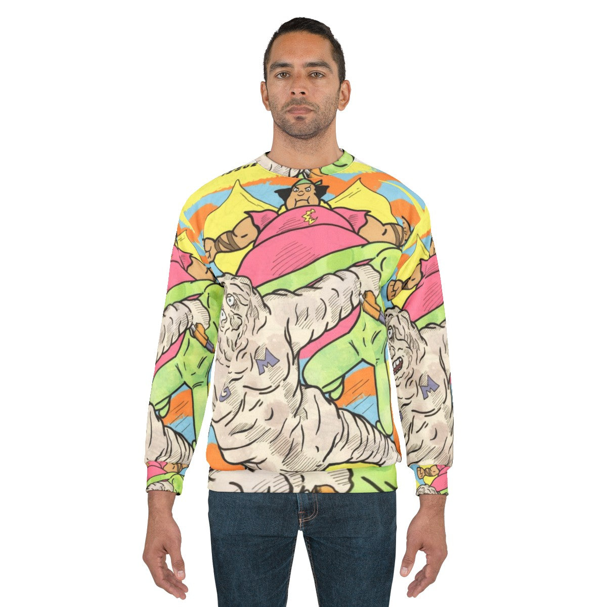 Cute Cloudman, Glueman, and Moon Alien superhero characters on a pastel sweatshirt - men