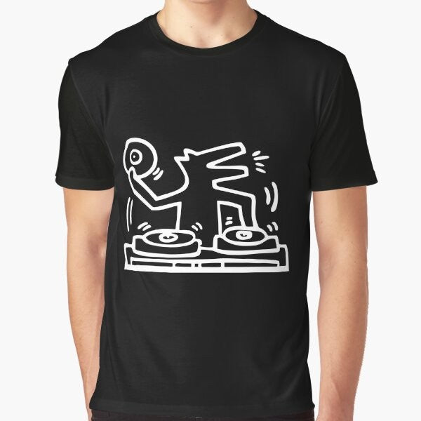 Colorful pop art graphic t-shirt featuring a cartoon-style design of a DJ dog inspired by the artwork of Keith Haring.