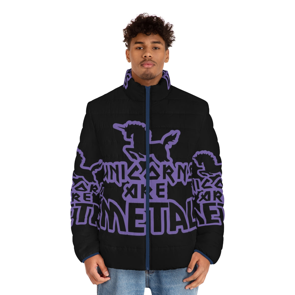 Unicorns Metal Puffer Jacket featuring a metallic purple design and heavy metal-inspired graphics - men front