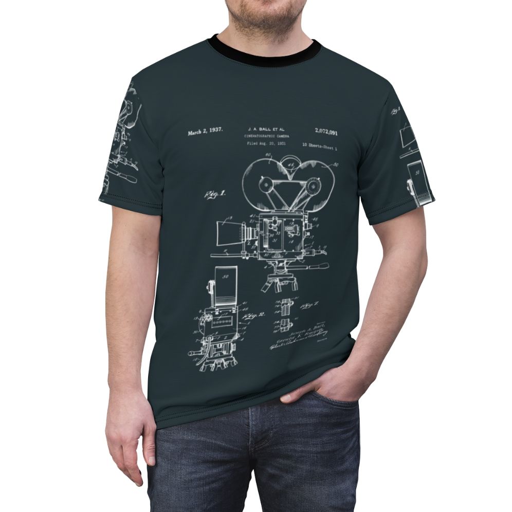 Vintage-style t-shirt featuring patent drawings of a movie camera from 1937. - men front