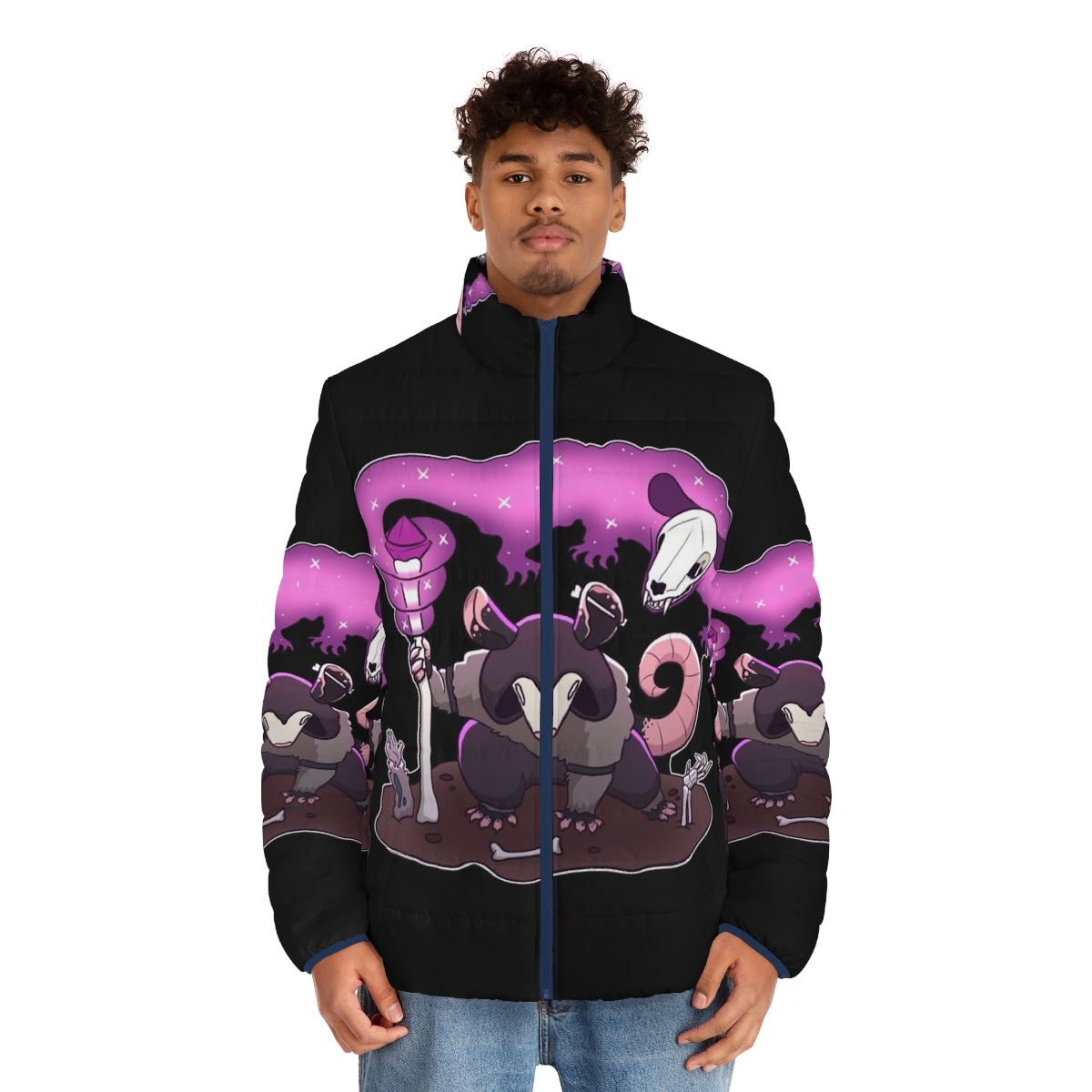 A dark and mystical puffer jacket featuring an opossum design with necromantic elements - men front