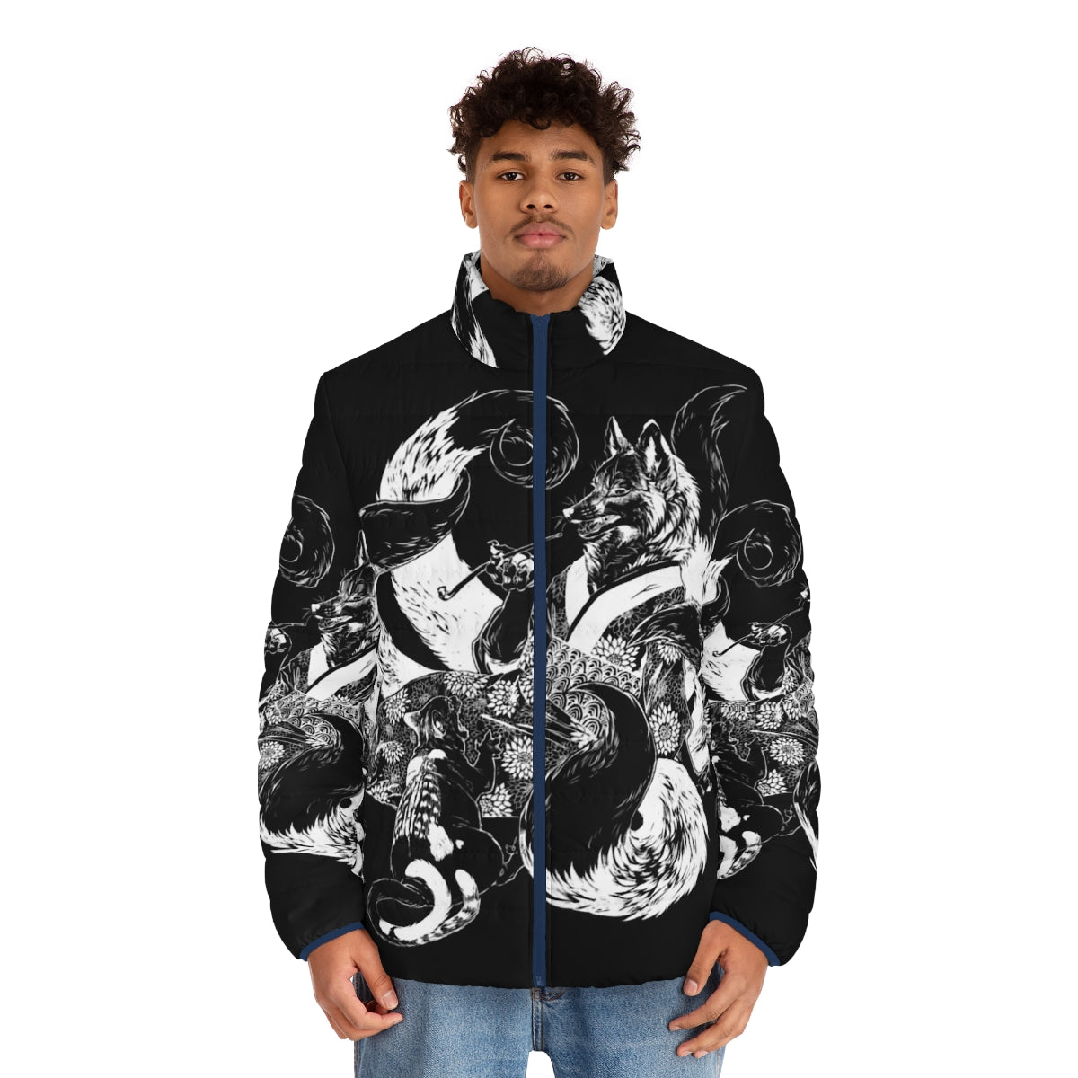 An inverted puffer jacket featuring a design of a nekomata (a two-tailed cat demon) arguing with a kitsune (a fox spirit) from Japanese mythology. - men front