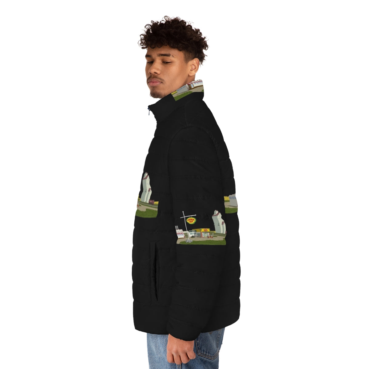 Corner Gas themed puffer jacket with logo - men side left