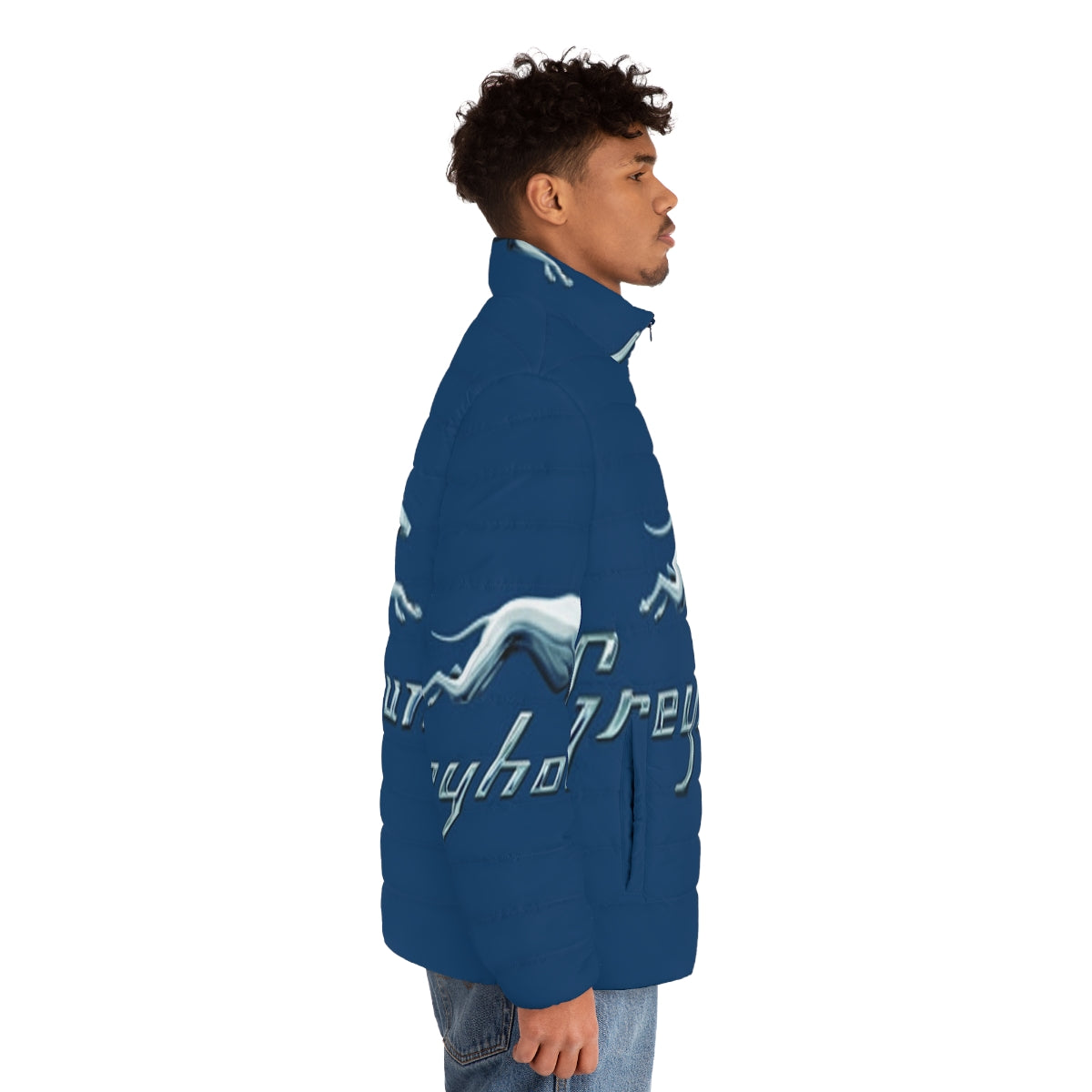 Greyhound blue bus logo printed on a warm and durable puffer jacket - men side right