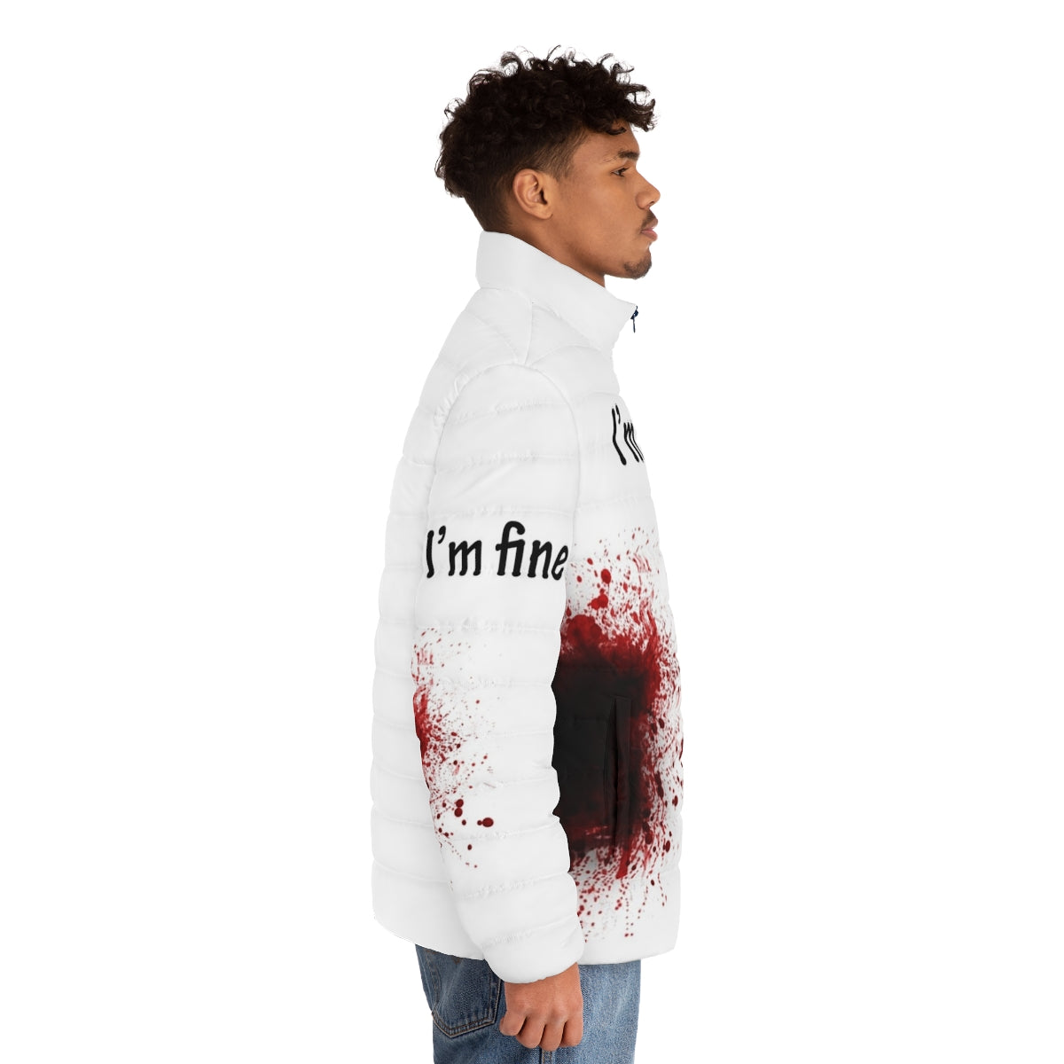 A person wearing the "I Am Fine" puffer jacket, a stylish and warm winter coat - men side right