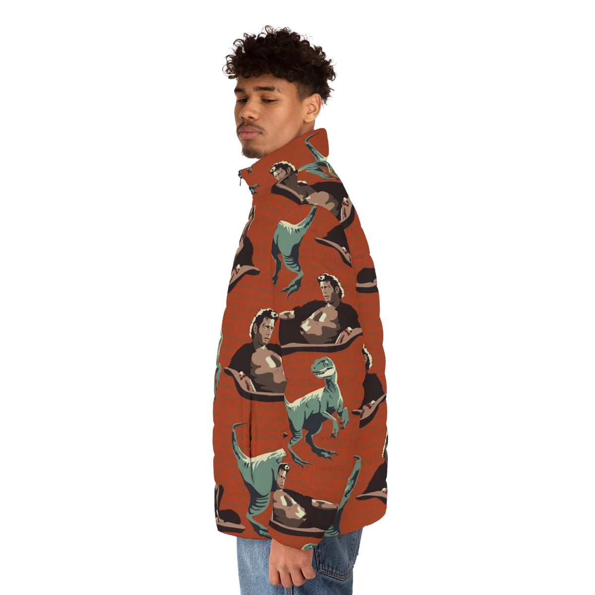 Jurassic Geniuses Puffer Jacket featuring a dinosaur DNA sequence pattern - men side left