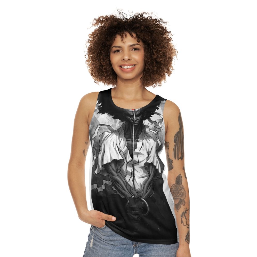 Unisex tank top with afro samurai inspired design - women