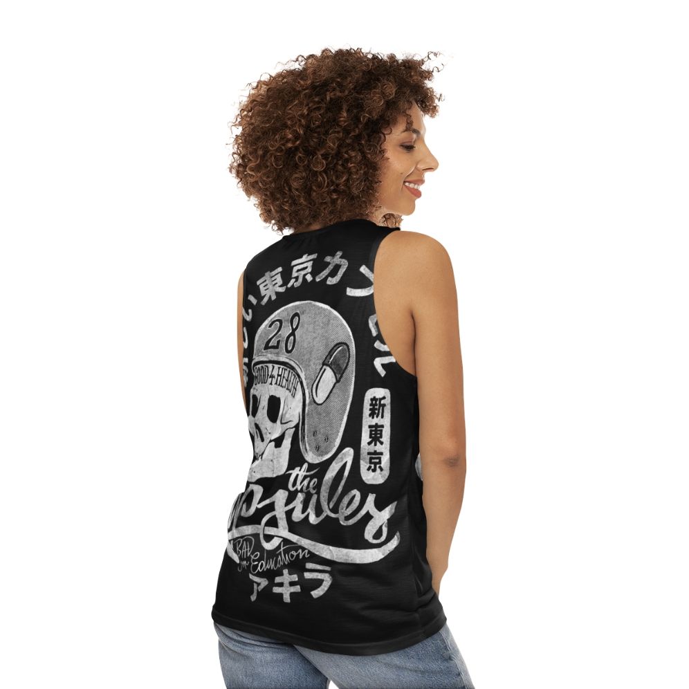 Cyberpunk inspired unisex tank top with capsules graphic - women back