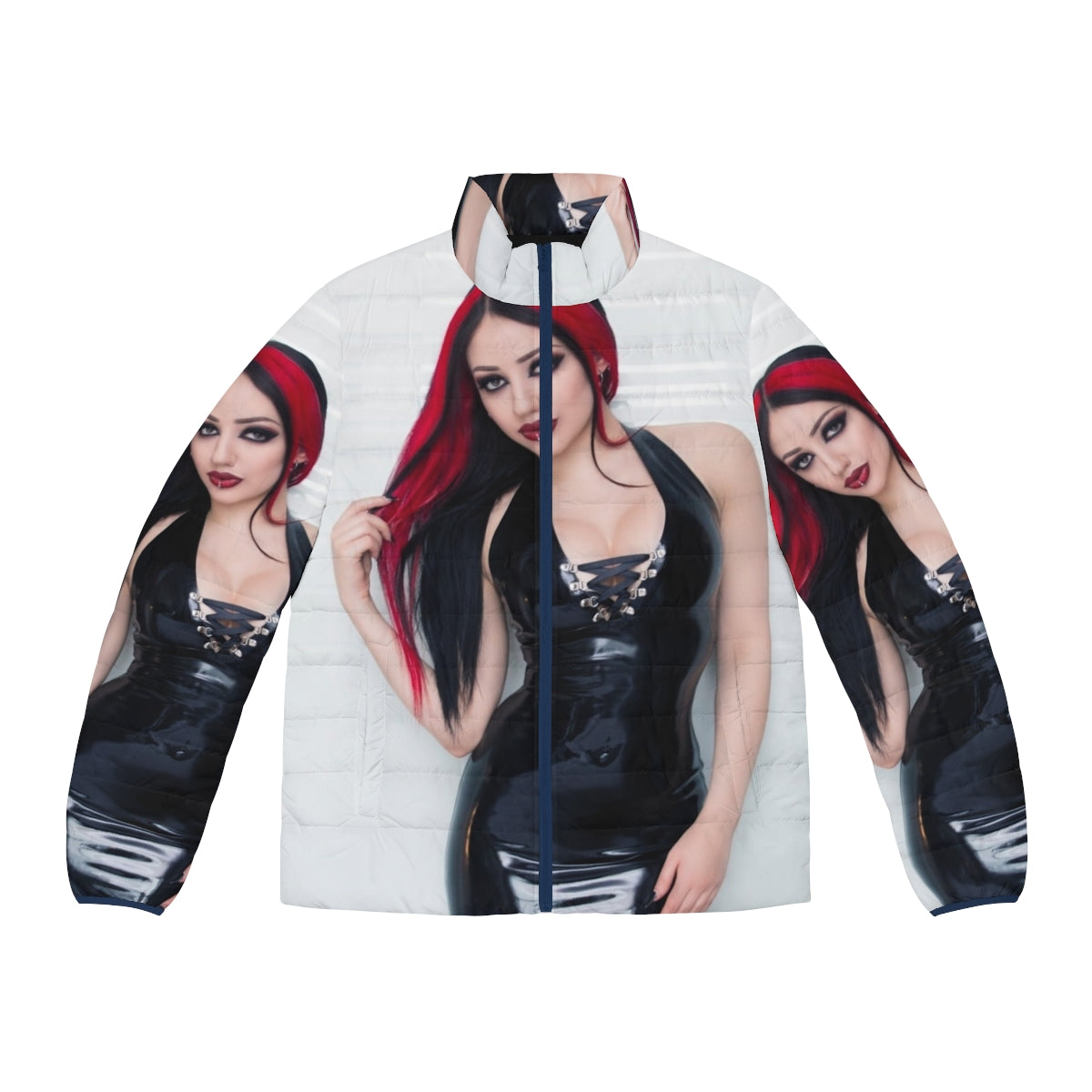 Dani Divine wearing a stylish latex puffer jacket, a unique alternative fashion piece