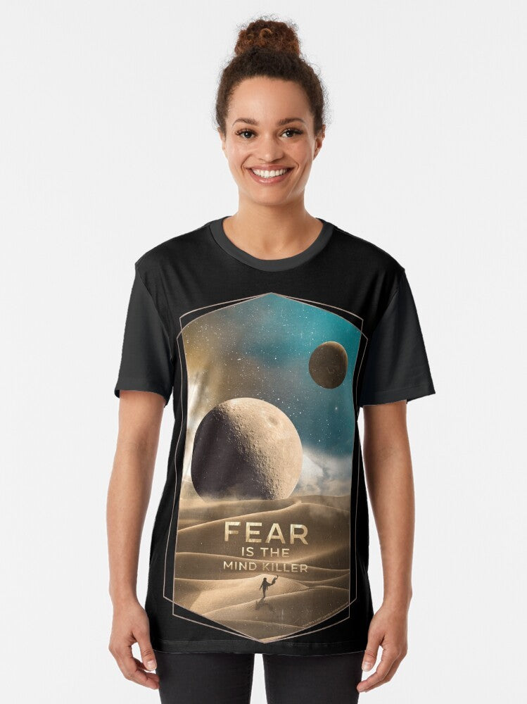 Dune movie inspired graphic t-shirt featuring the moons of Arrakis and the Muad'Dib icon - Women