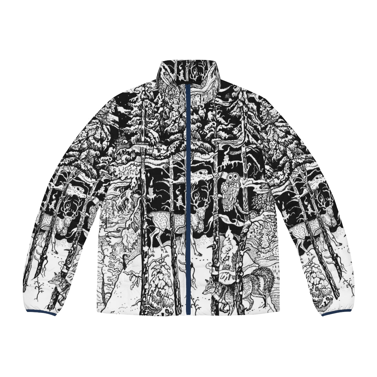 A warm and stylish puffer jacket featuring a winter forest scene with animals like deer, fox, and owl.