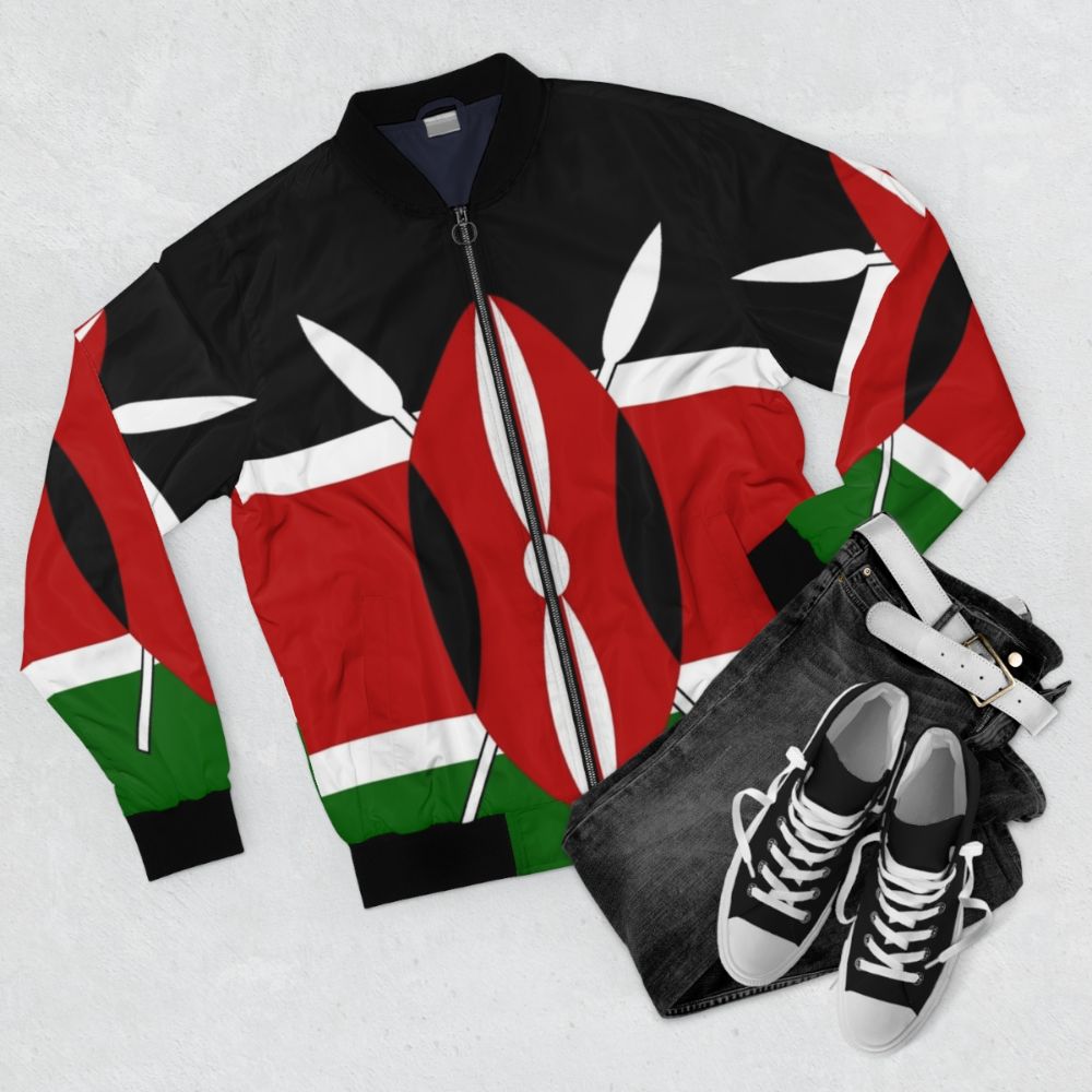 Kenyan flag bomber jacket featuring a bold and vibrant national flag design - Flat lay