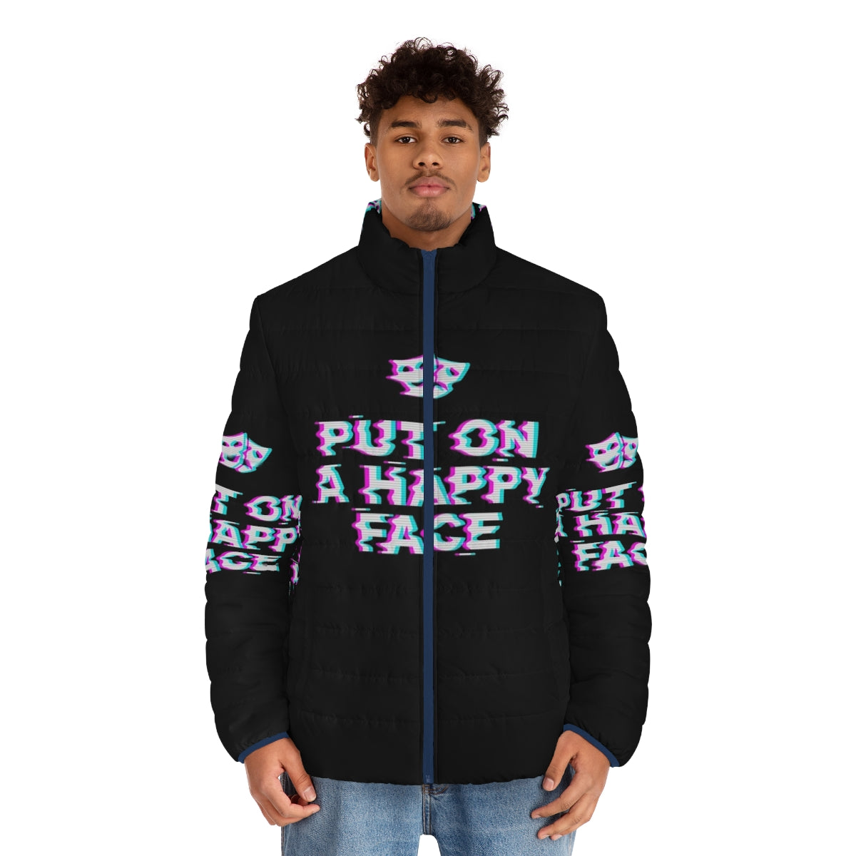 A vintage-inspired puffer jacket with the Joker's iconic "happy face" design, blending pop culture and ironic typography. - men front