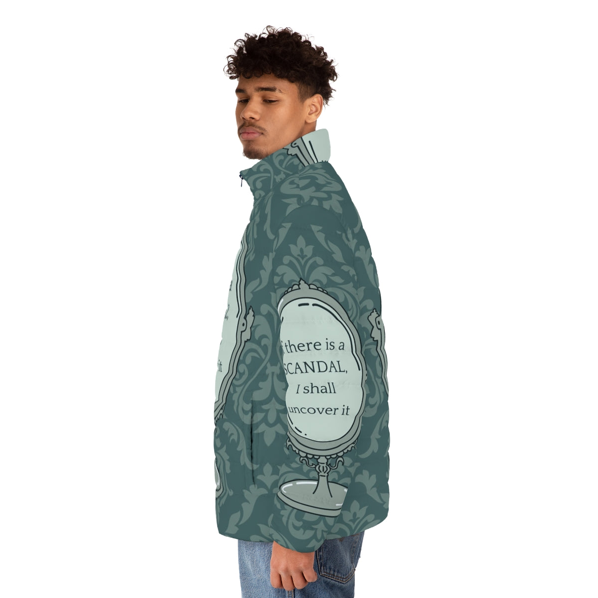 Bridgerton inspired "If There Is A Scandal I Shall Uncover It" puffer jacket - men side left