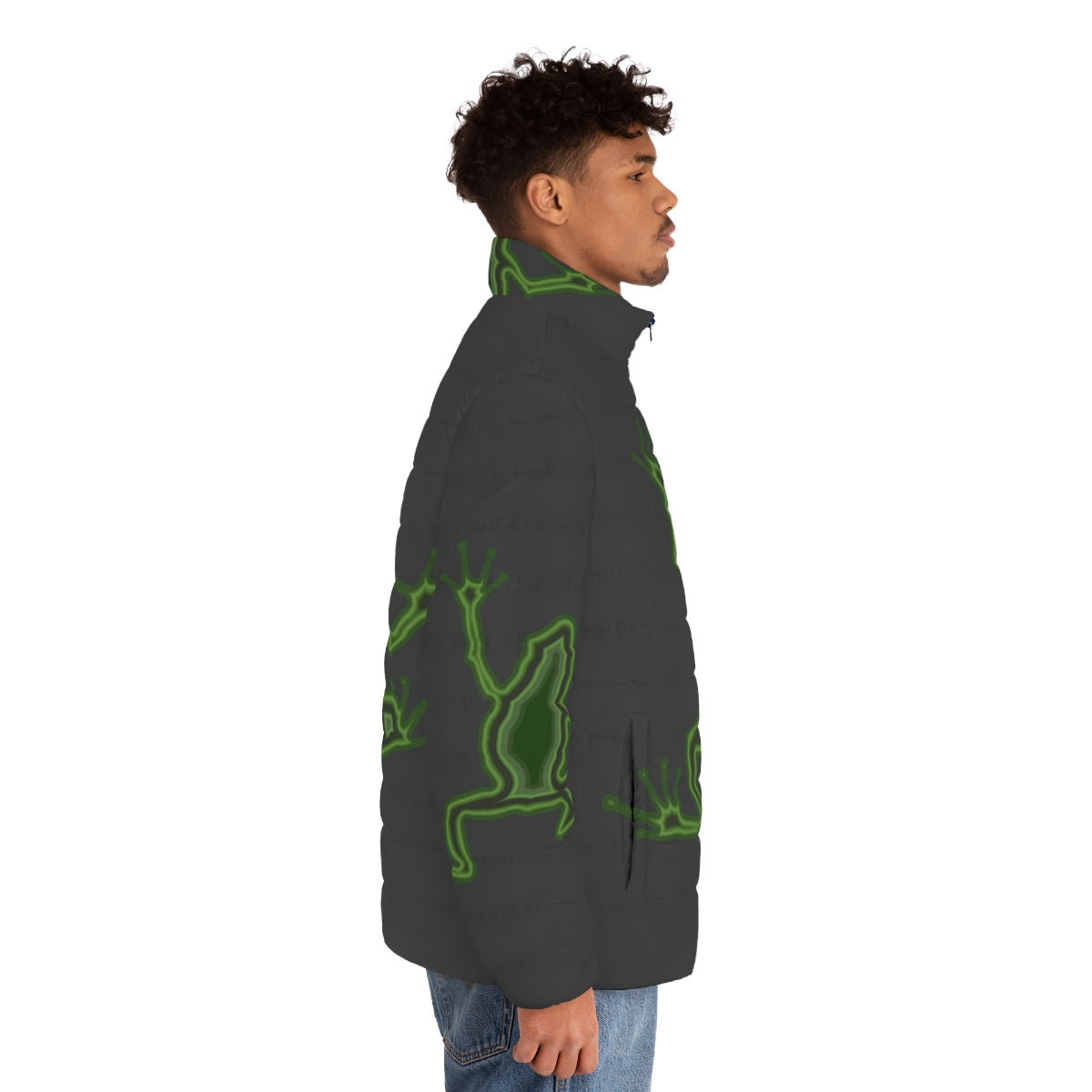 Frog puffer jacket featuring a colorful abstract design of a legendary animal - men side right