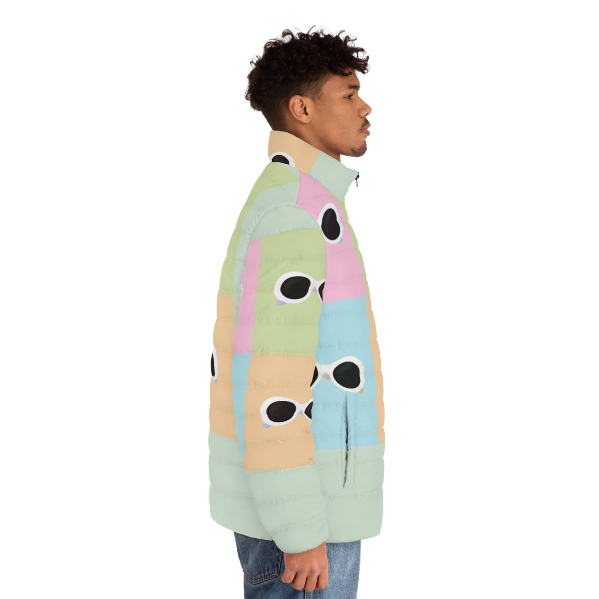 David Rose inspired pop art puffer jacket featuring pastel rainbow colors and Schitt's Creek graphics - men side right